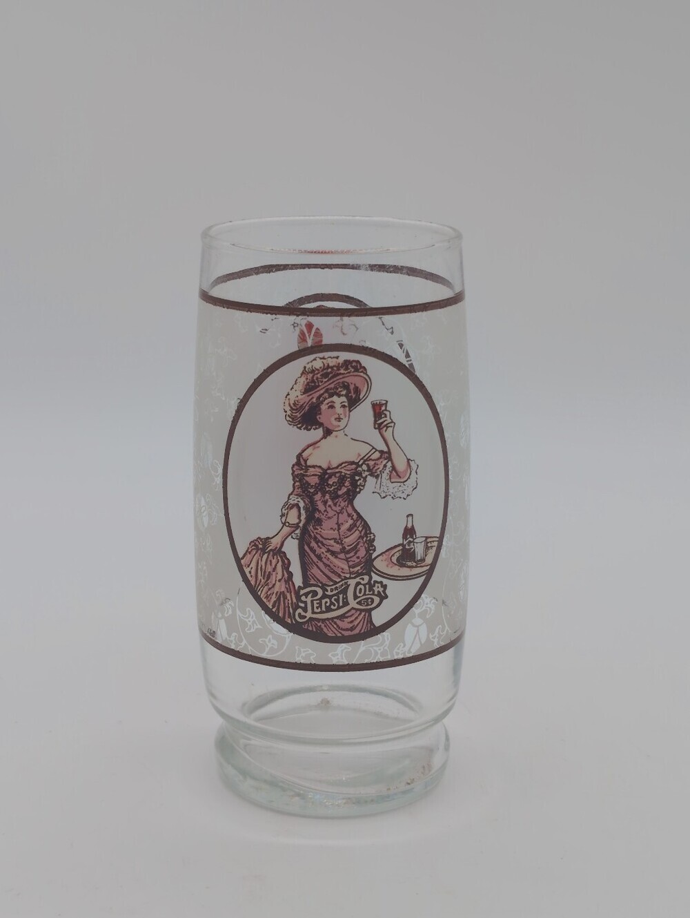 Vintage Pepsi-Cola Glass with Victorian Lady Gibson Girl Graphic - Brown & White